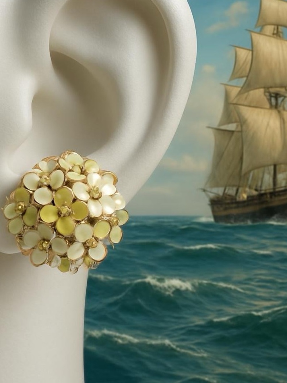 Yellow white cluster hydrangea flower earrings